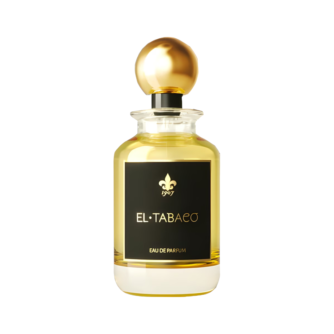 Perfume bottle labeled 'El Tabaco' with gold cap on a white background