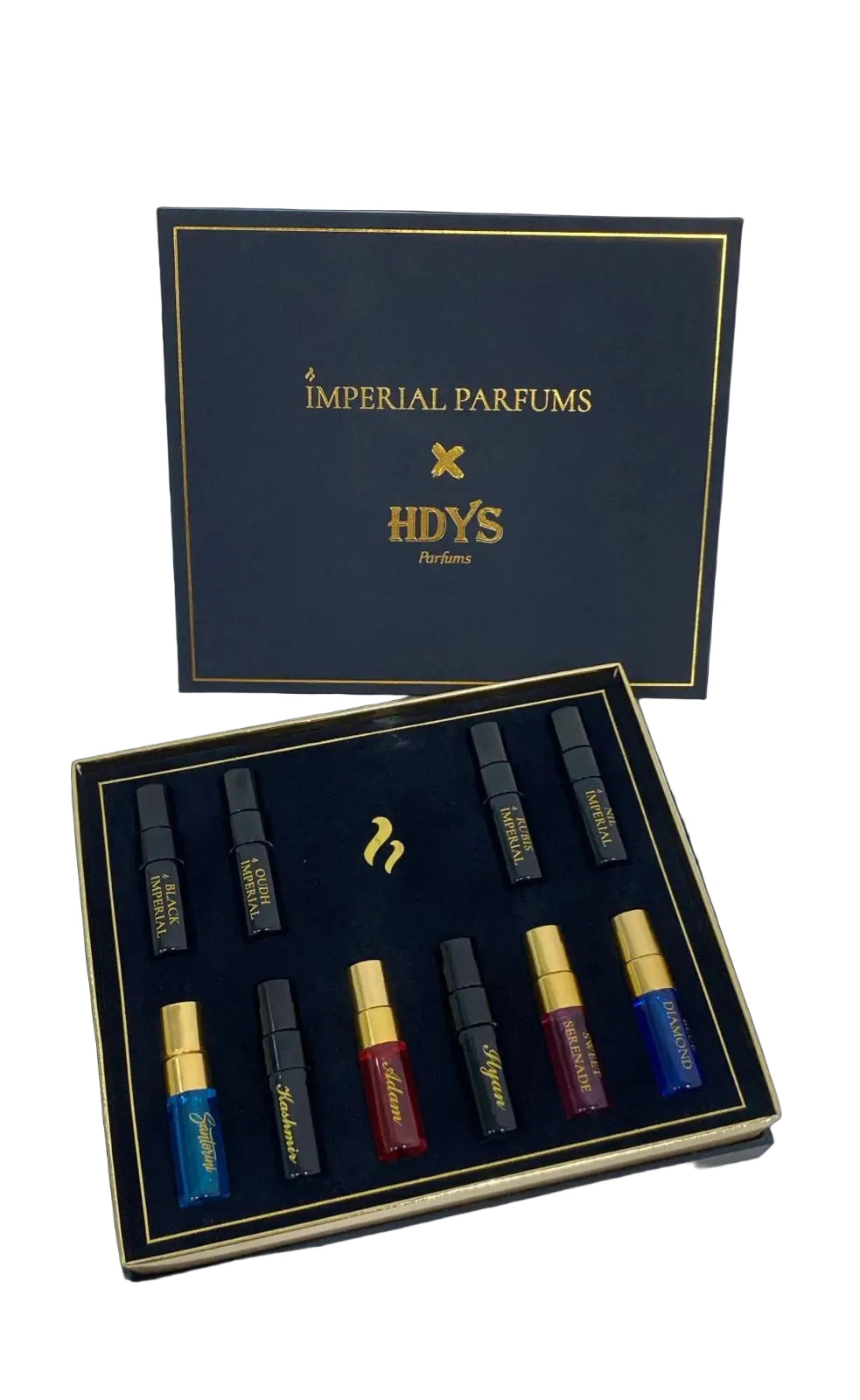 Set of Imperial Parfums and HDY'S perfume bottles in a black box on a white background