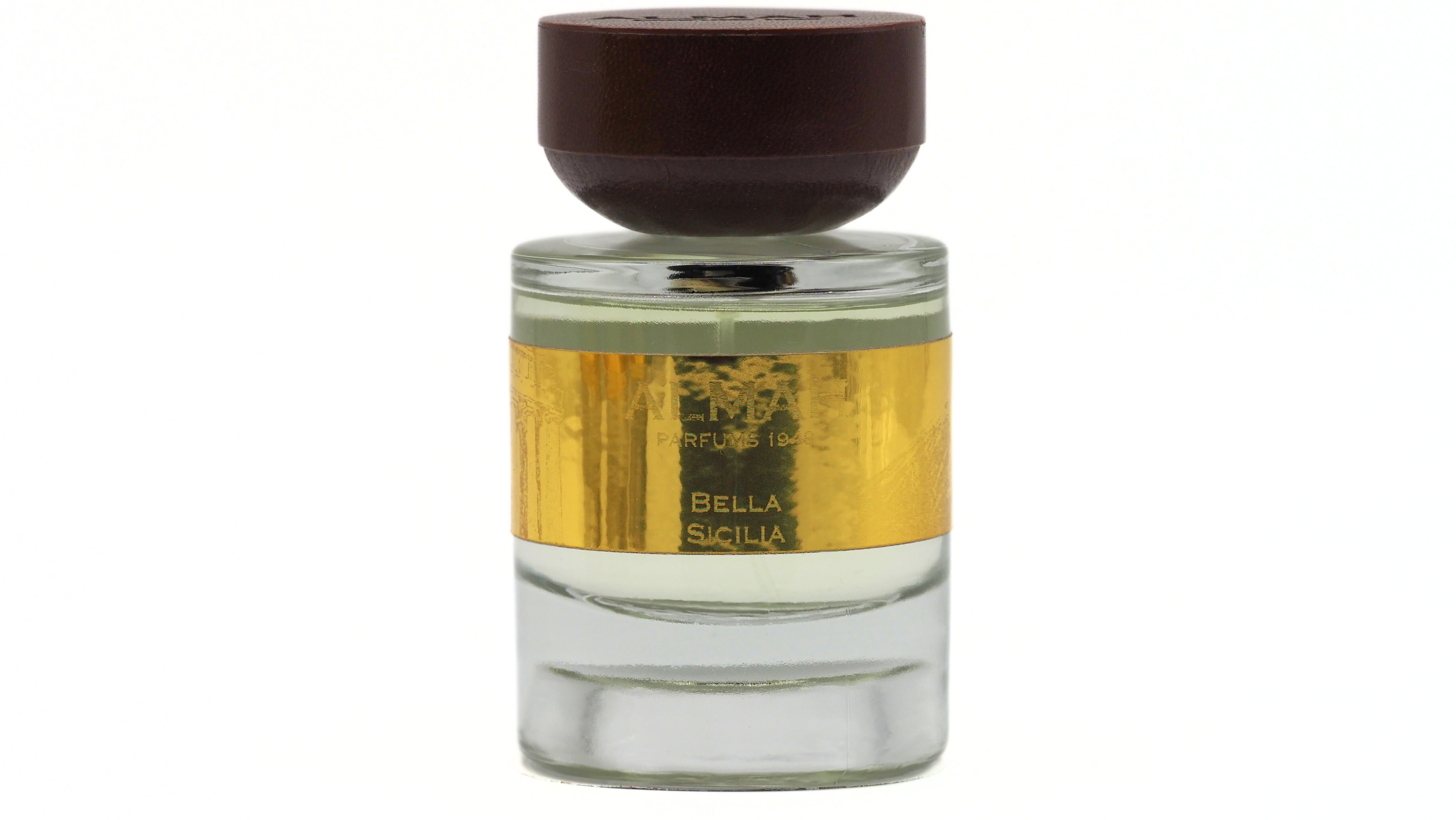 Perfume bottle with gold label on a white background