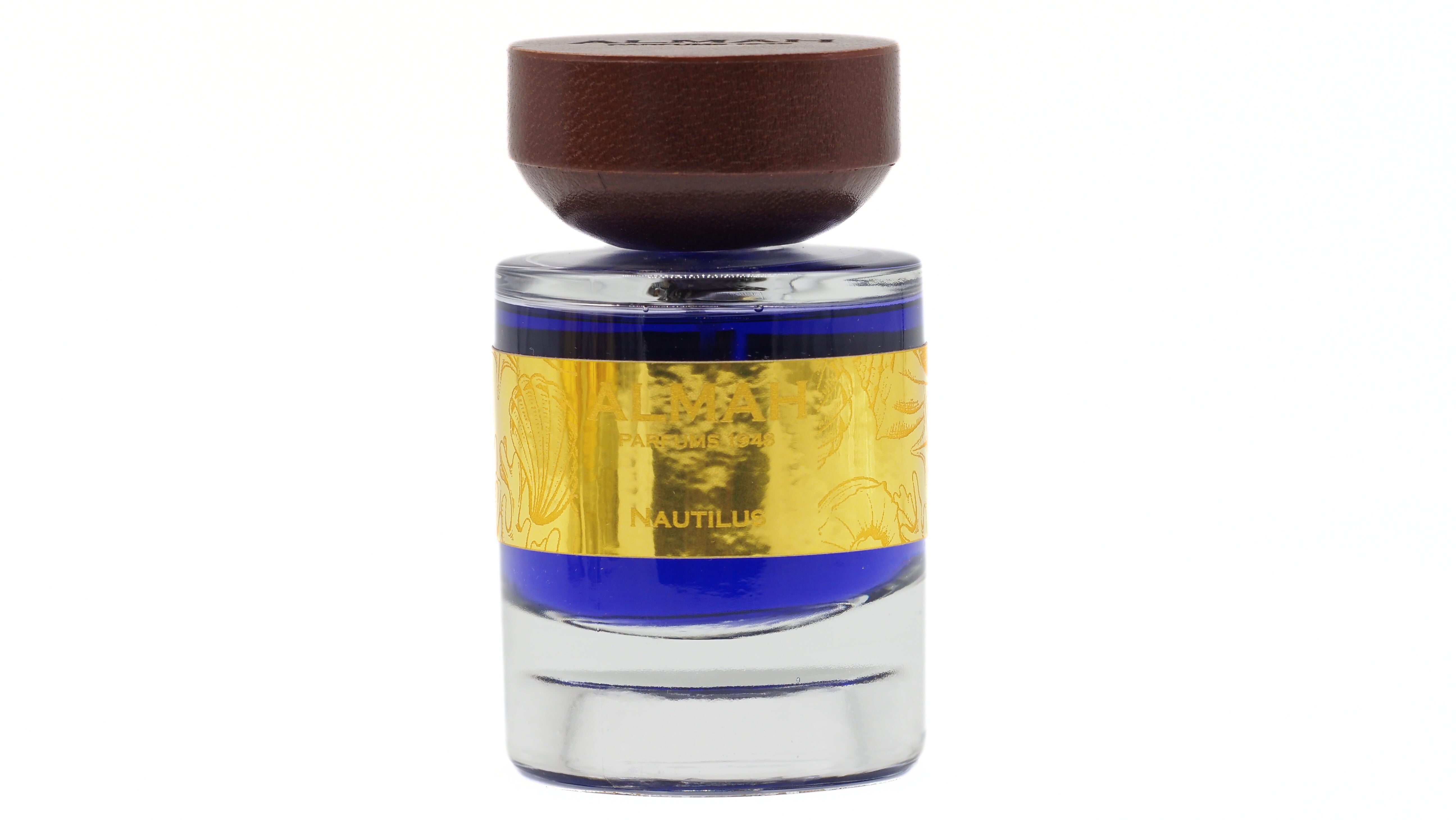 Perfume bottle with gold and blue design on a white background