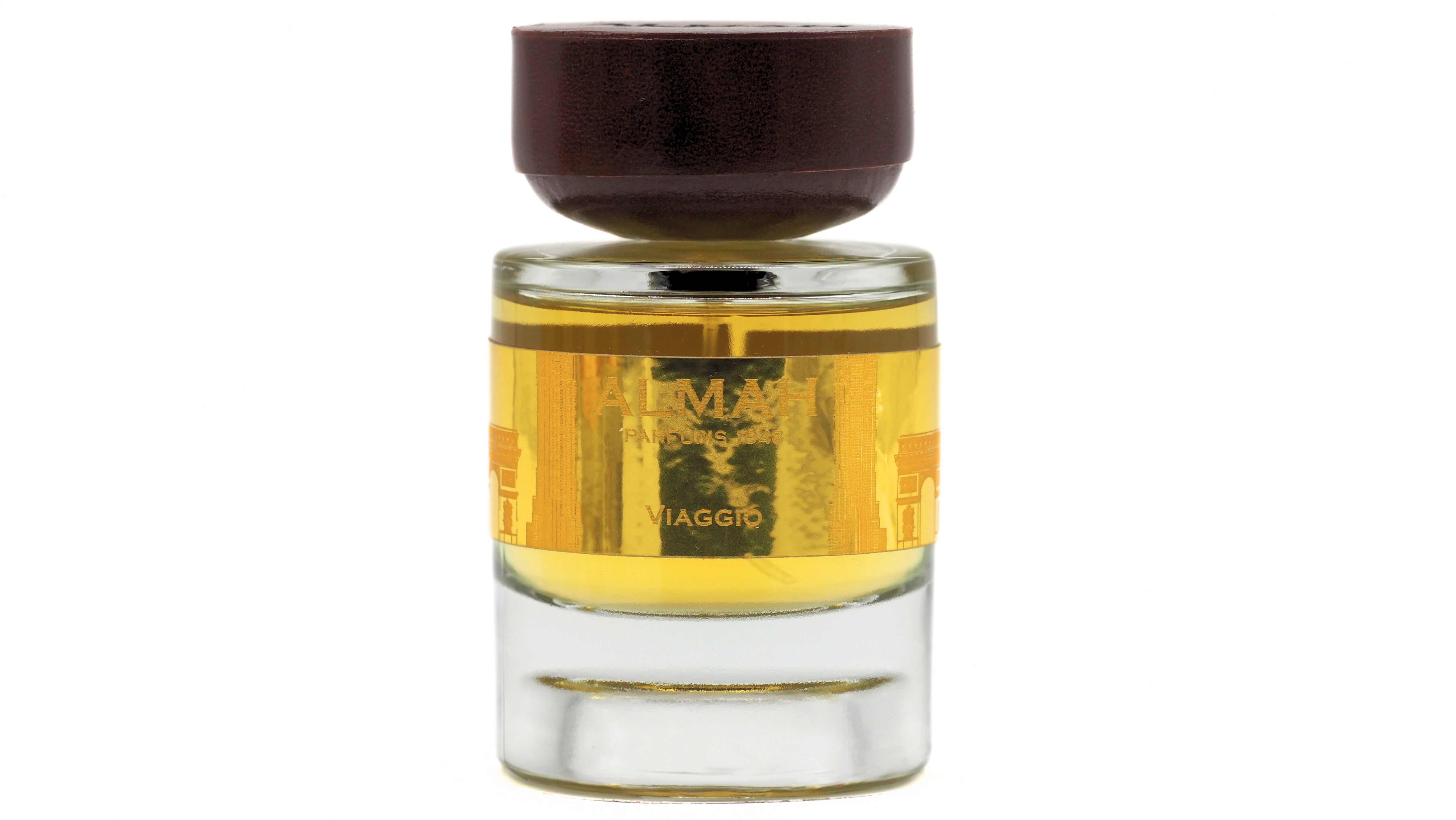 ALMAH PARFUMS - VIAGGIO EAU DE PARFUM 3.4 oz UNISEX Perfume bottle with a clear glass container and dark brown cap on a white background