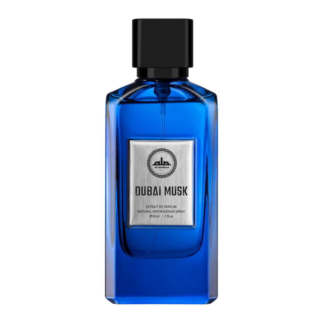 Blue perfume bottle labeled 'Dubai Musk' on a white background