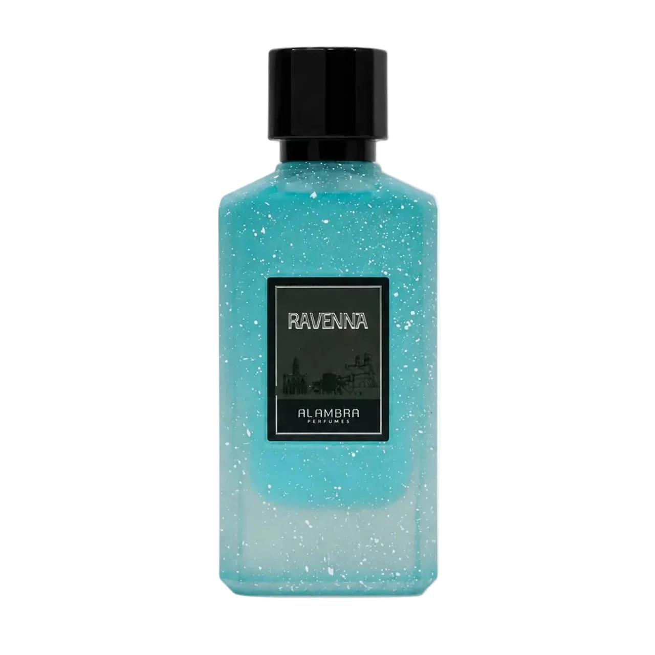 A rectangular glass bottle filled with sparkling light blue gel, featuring a black cap and a black label with the text 'RAVENNA' and 'PIMBLER PARFUMERIE'.