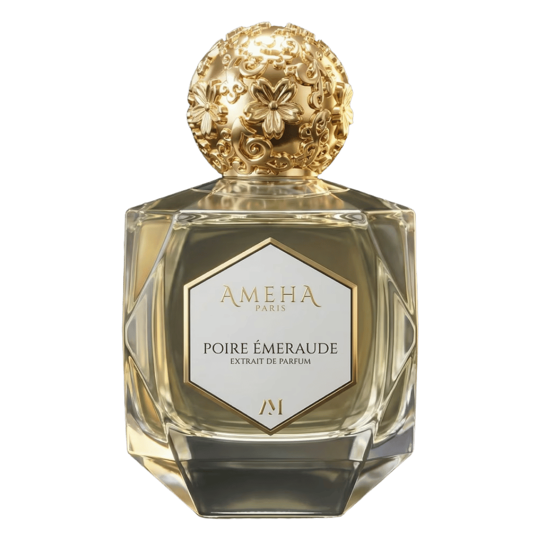 Perfume bottle with gold cap and 'Ameha' label on a white background