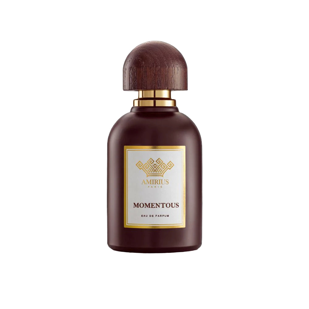 Amirius Momentous perfume bottle with wooden cap on a white background