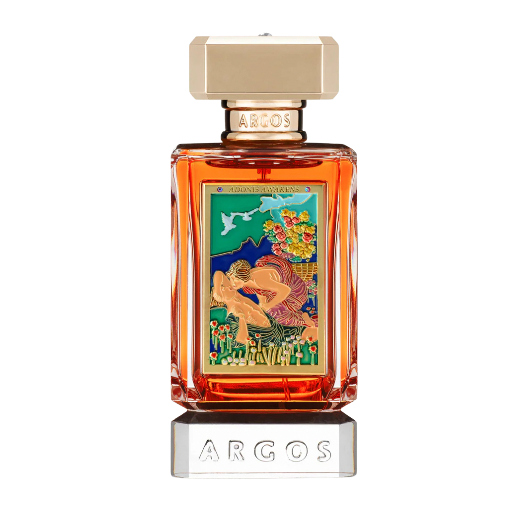 Argos Eros perfume bottle with amber liquid, a gold-toned cap, and a colorful front label, displayed on a white background with a metallic base.