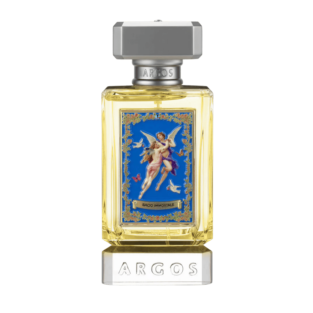 Argos Scalo Profumo perfume bottle with a silver cap and base, featuring a blue and gold label with an angel illustration, on a white background.