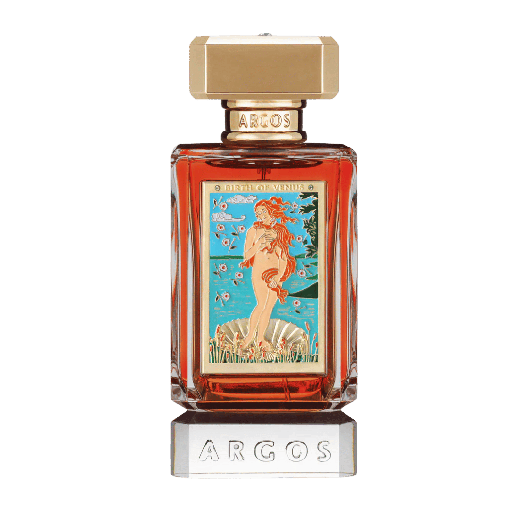 Argos Ever Love perfume bottle with a gold cap and base, featuring amber liquid and a colorful Art Nouveau label of a mermaid, set against a solid green background.