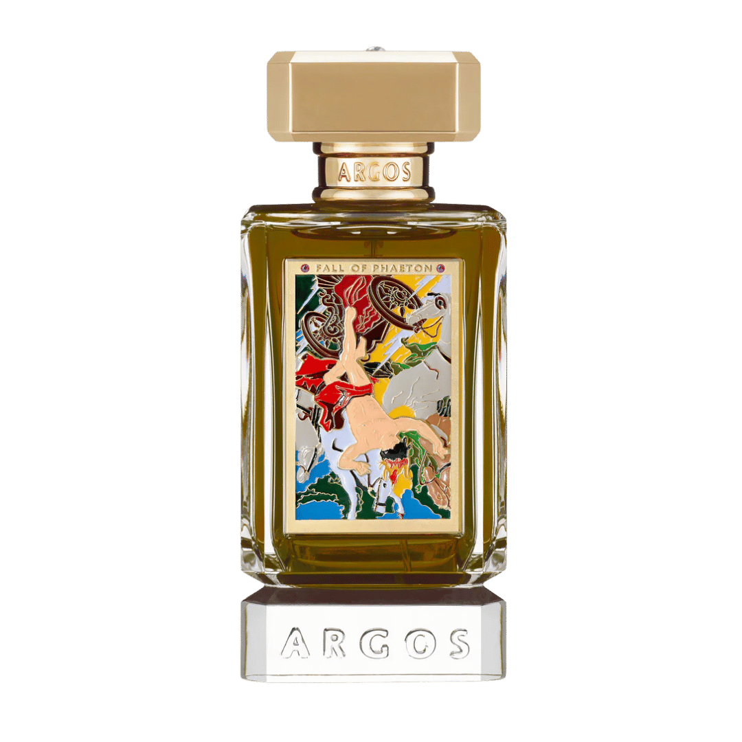 Argos Fall of Phantom perfume bottle with a gold cap and a colorful illustrated label, shown on a solid green background.