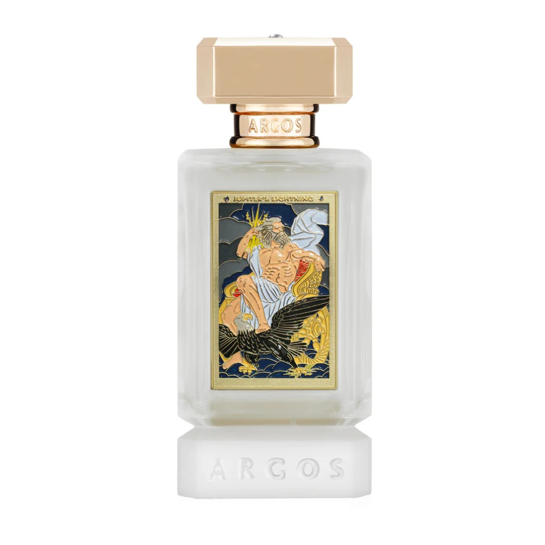 Argos Royal Sea Kingdom Eau de Parfum bottle, featuring a frosted glass body with a detailed Art Deco style label depicting Poseidon riding a sea horse, and a gold-toned cap.