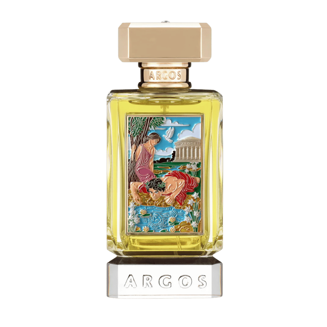Argos perfume bottle with a gold-toned cap and base, clear glass body, and a colorful classical scene label on a white background.