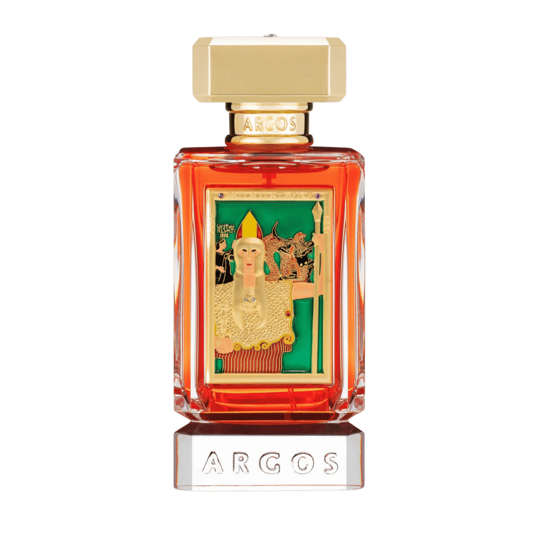Argos perfume bottle with a gold cap and base, filled with amber-red liquid and featuring a gold and green illustration of an Egyptian queen on the front, set against a solid green background.
