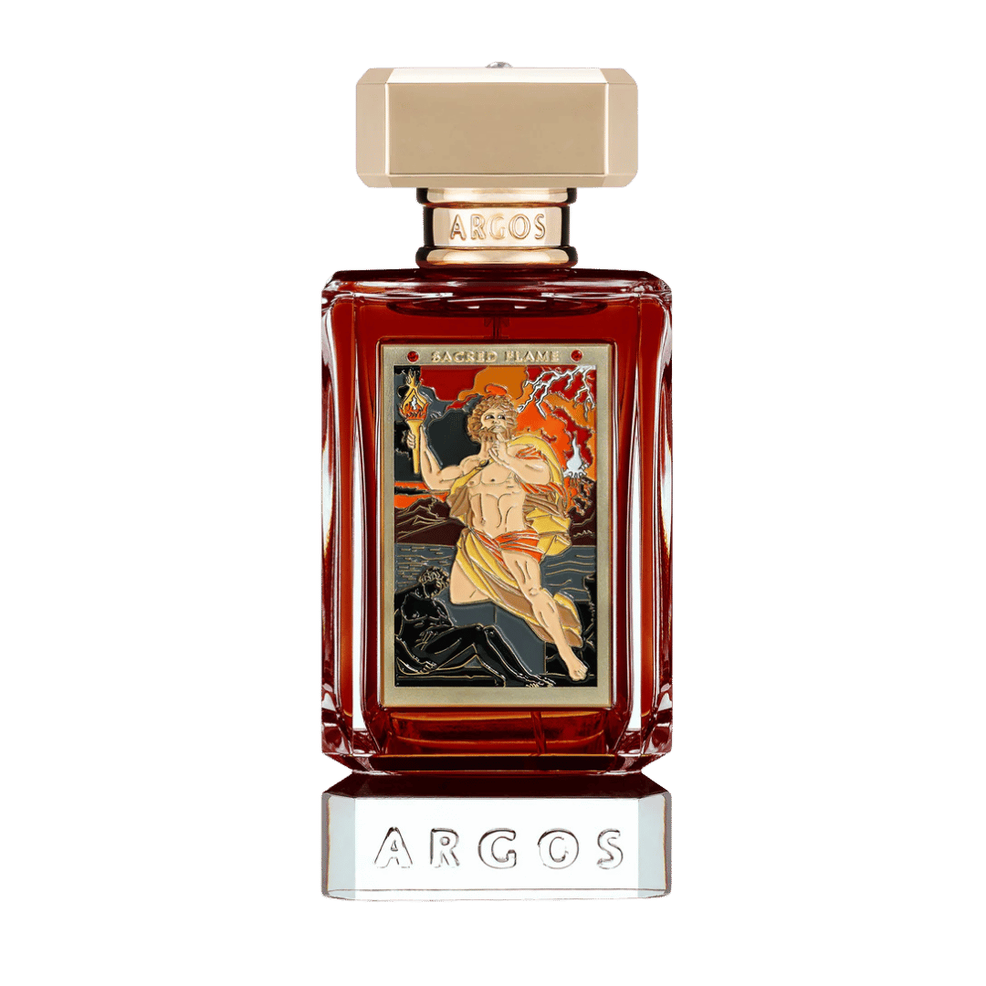 Argos Santorini perfume bottle with a deep red glass body, gold-toned cap and base, and an Art Deco style label depicting a figure on a beach.