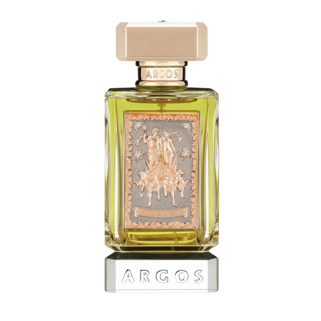 Argos perfume bottle with a gold-toned cap and base, featuring a central decorative label with classical figures, set against a plain white background.