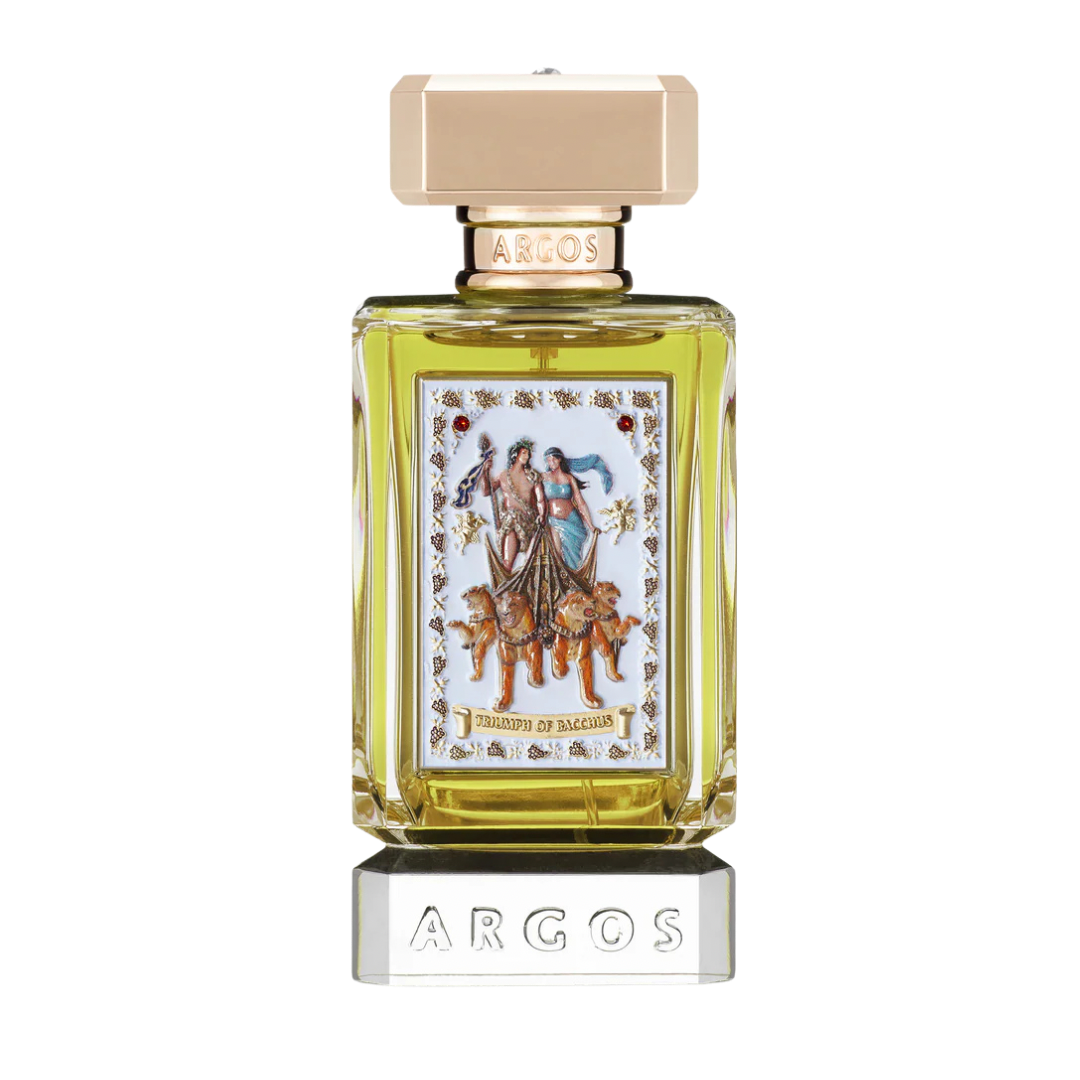 Argos Scapigliato perfume bottle with a gold-toned cap and base, featuring a clear glass body filled with pale yellow liquid and an ornate classical illustration on the front label.