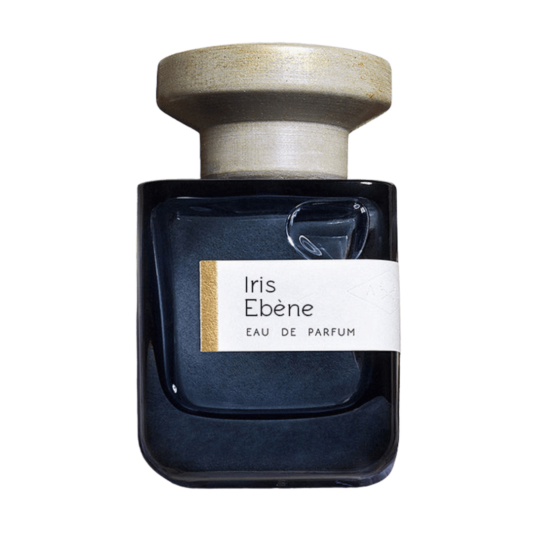 Perfume bottle labeled 'Iris Ebene' with wooden cap on a transparent background