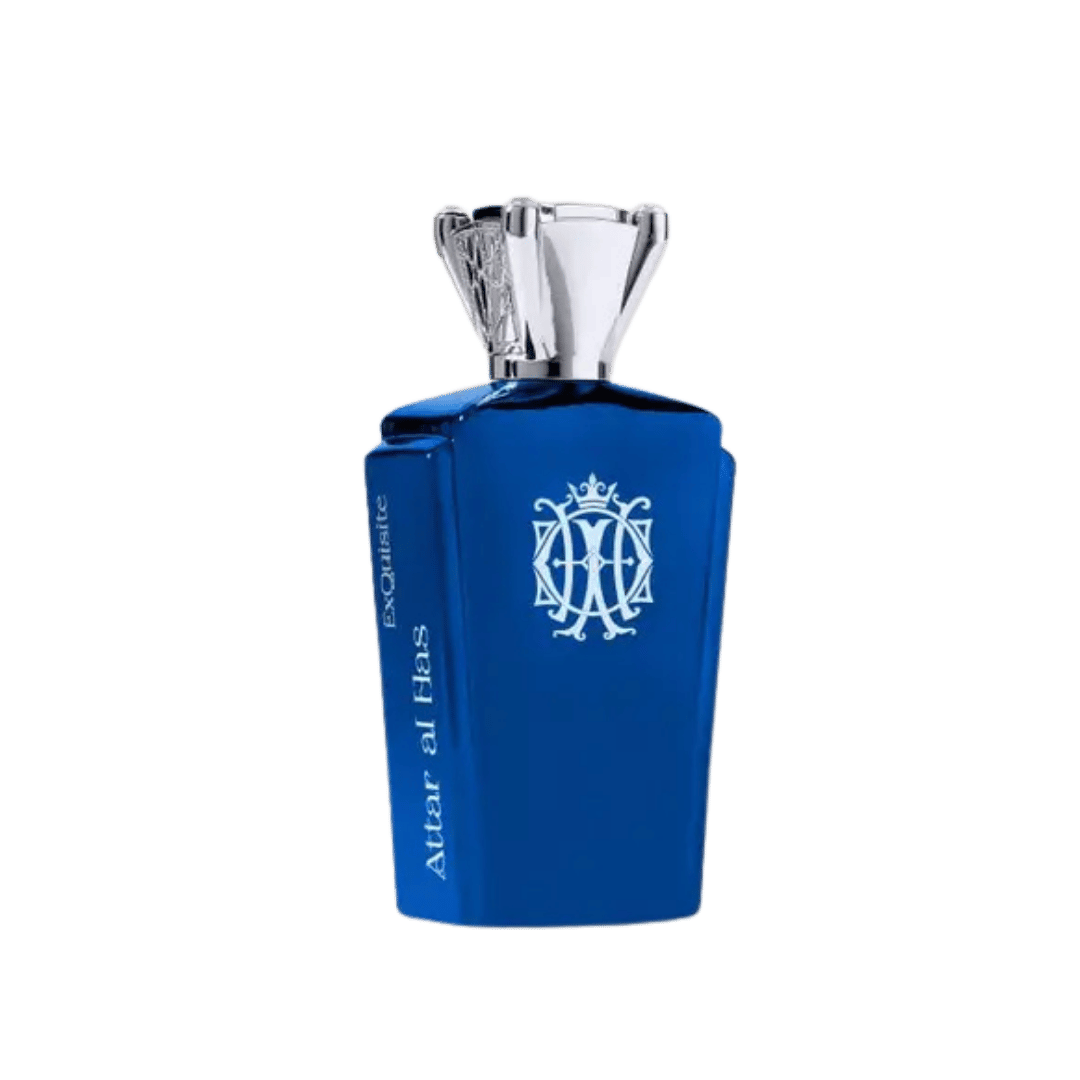 Blue perfume bottle with silver cap on a transparent background