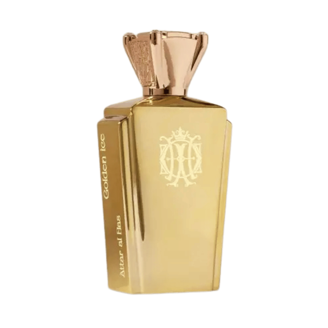 Gold perfume bottle with a decorative cap on a green background