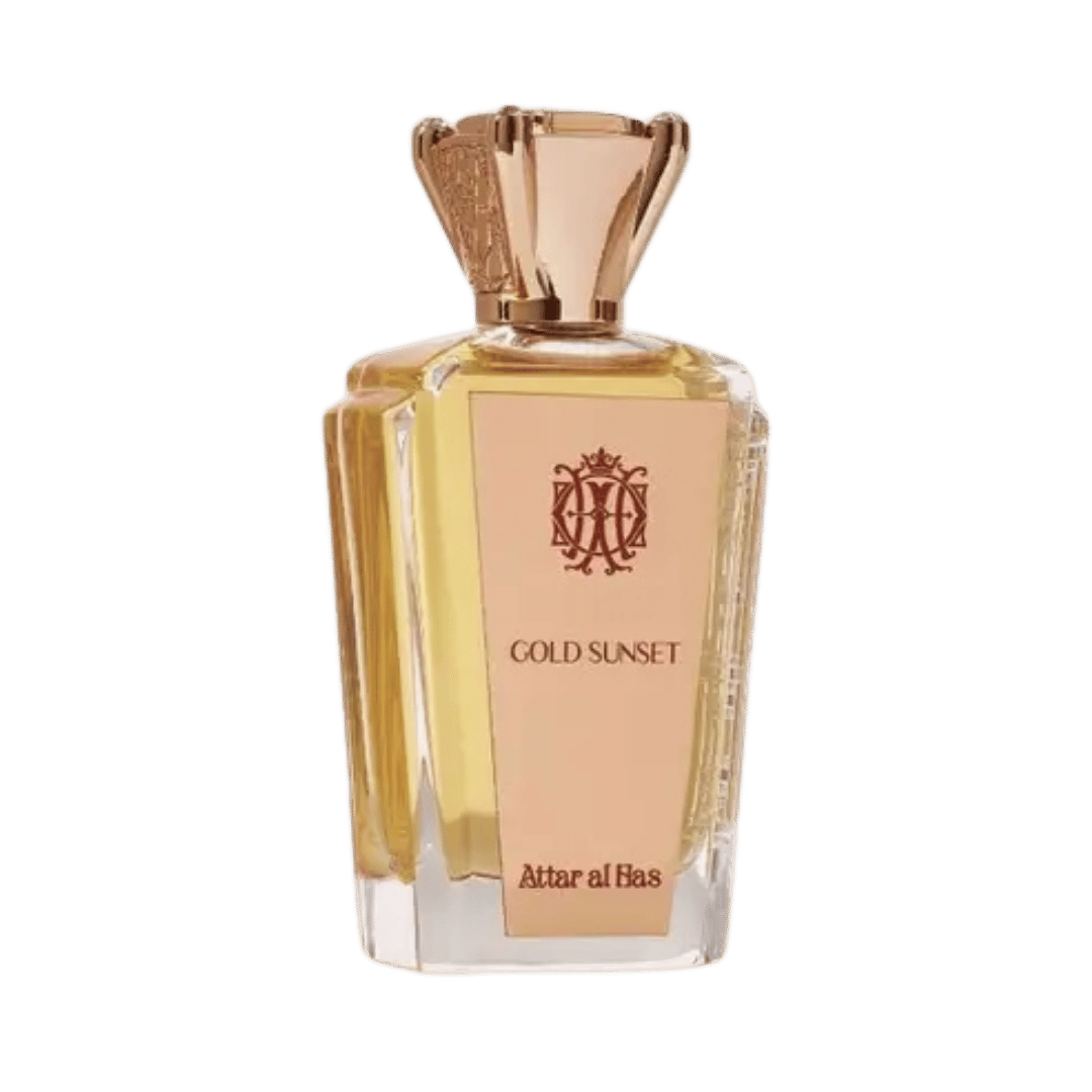 Perfume bottle labeled 'Gold Sunset' by Attar el Bas on a clear background