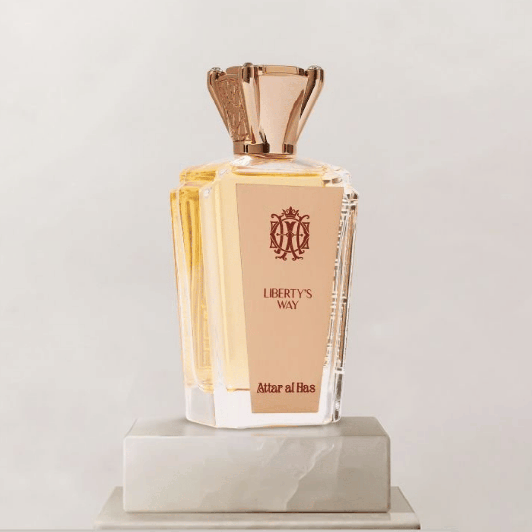 Perfume bottle labeled 'Liberty's Way' on a light gray background