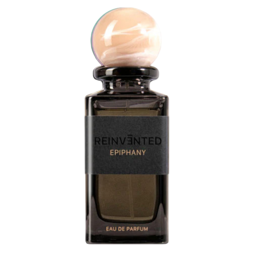 A bottle of REINVENTED EPIPHANY Eau de Parfum luxury niche perfume, 2.5 oz size, with a clear glass body and black and gold labeling.