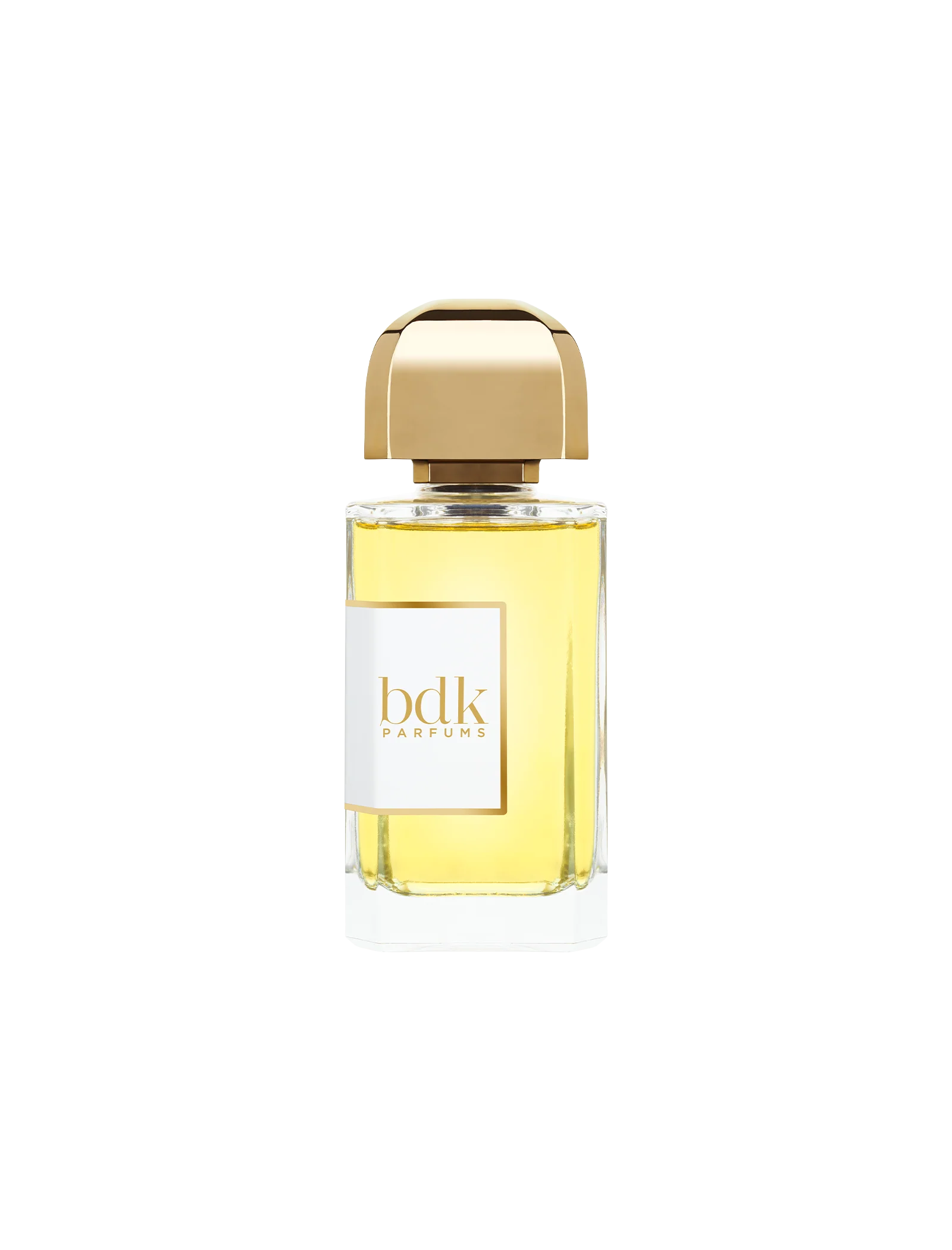 Perfume bottle with gold cap and 'bdk' branding on a white background