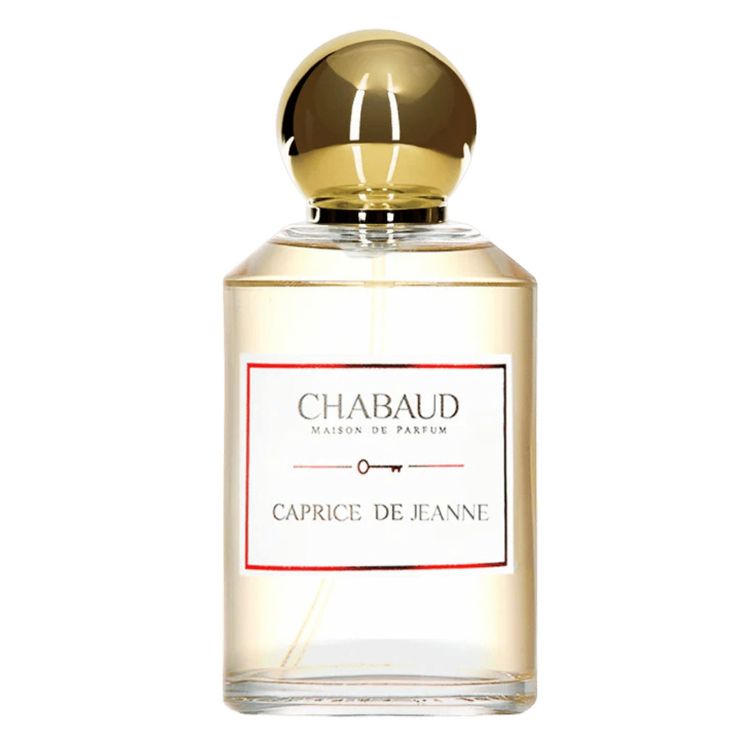 Chabaud Caprice de Jeanne perfume bottle with a round metallic gold cap and a clear glass body showing the pale yellow liquid inside, set against a solid dark green background.