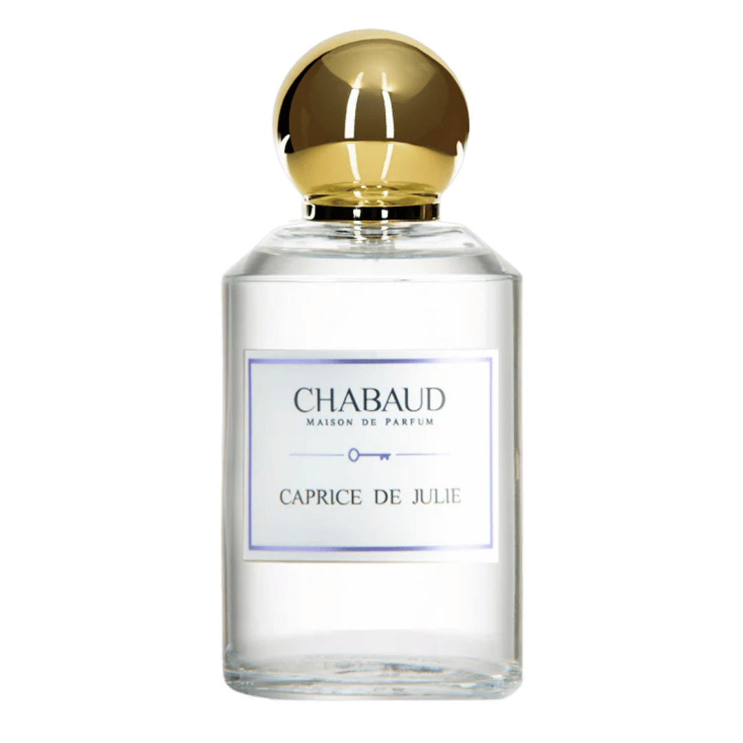 A bottle of Chabaud Maison de Parfum, Caprice de Julie, featuring a clear glass bottle with a spherical gold cap and a white label with blue borders, set against a solid green background.