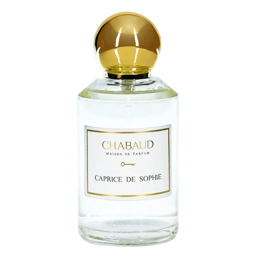 A bottle of Chabaud Maison de Parfum with a clear glass body, white label with gold trim, and a metallic gold spherical cap, set against a solid dark green background.