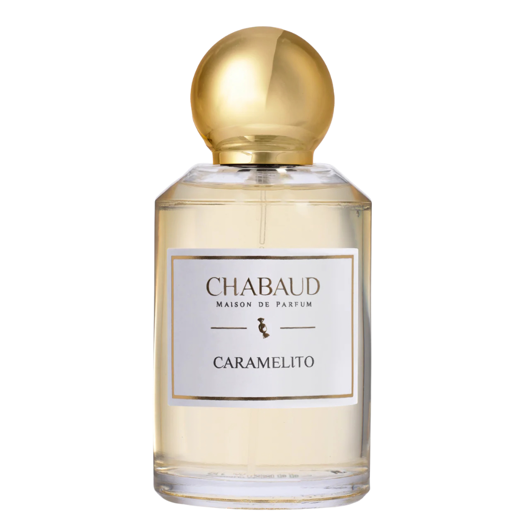 Chabaud Maison de Parfum Caramelito perfume bottle with a round metallic gold cap and a white label, shown on a plain white background.