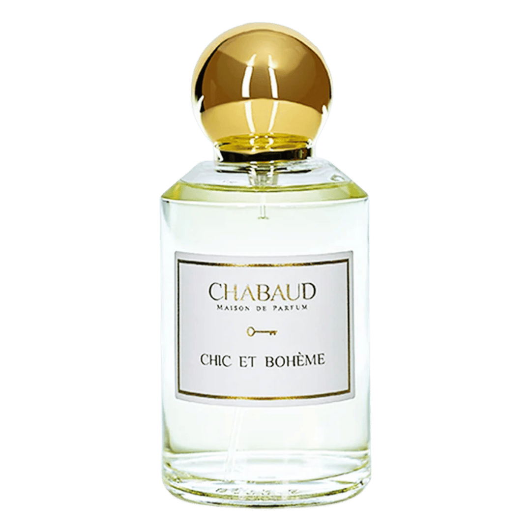 Chabaud Chic Et Bohème Eau de Parfum bottle with a gold spherical cap and a white label, set against a solid dark green background.