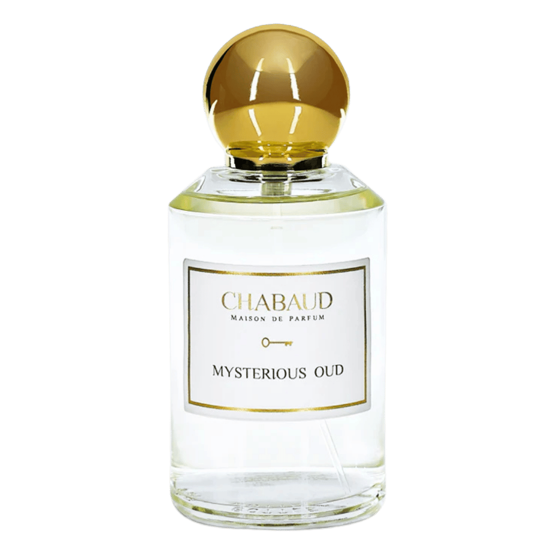 Chabaud Mysterious Oud perfume bottle with a round gold cap and a white label, shown against a solid green background.