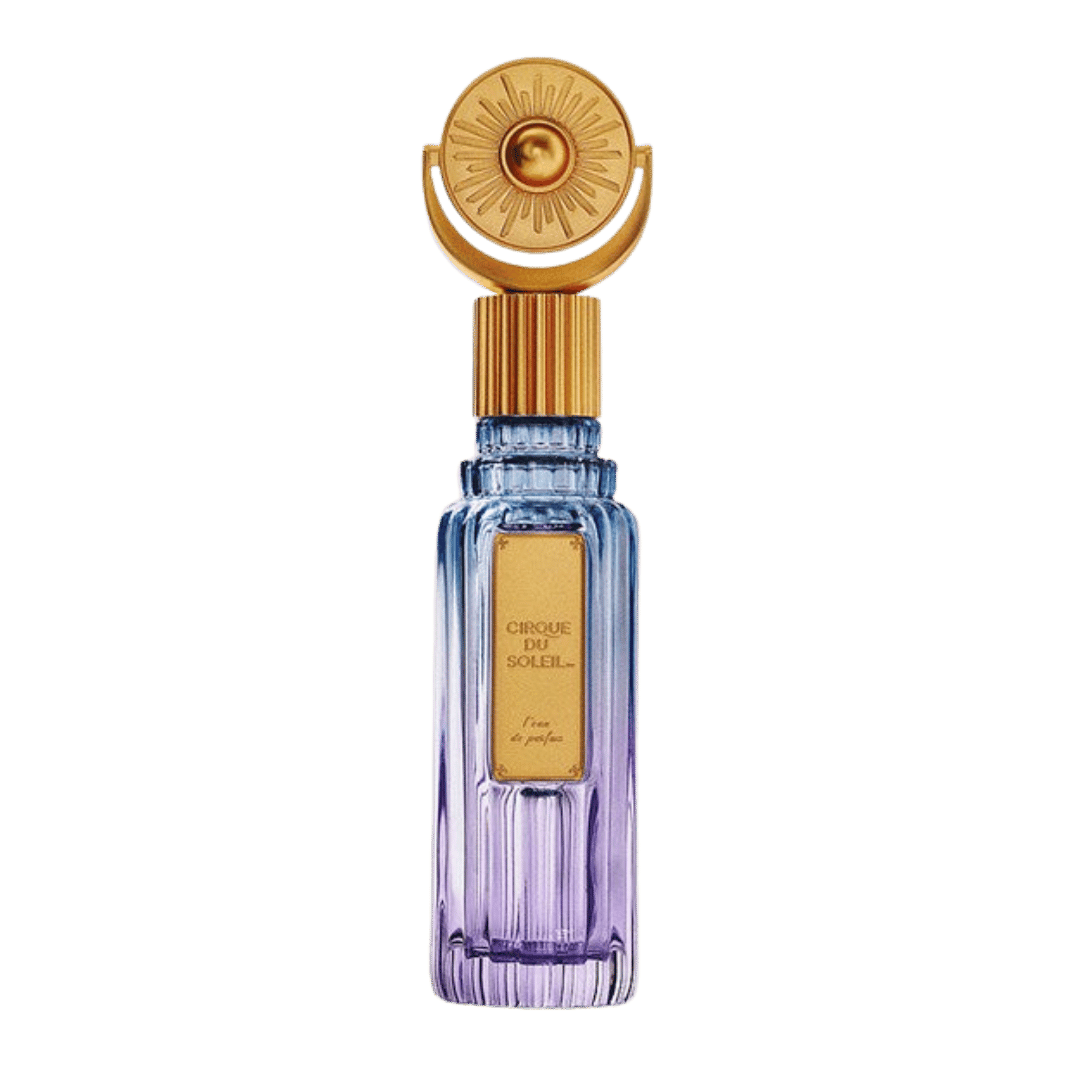 CIRQUE DU SOLEIL - L’EAU DE PARFUM Perfume bottle with gold cap and purple body on a white background