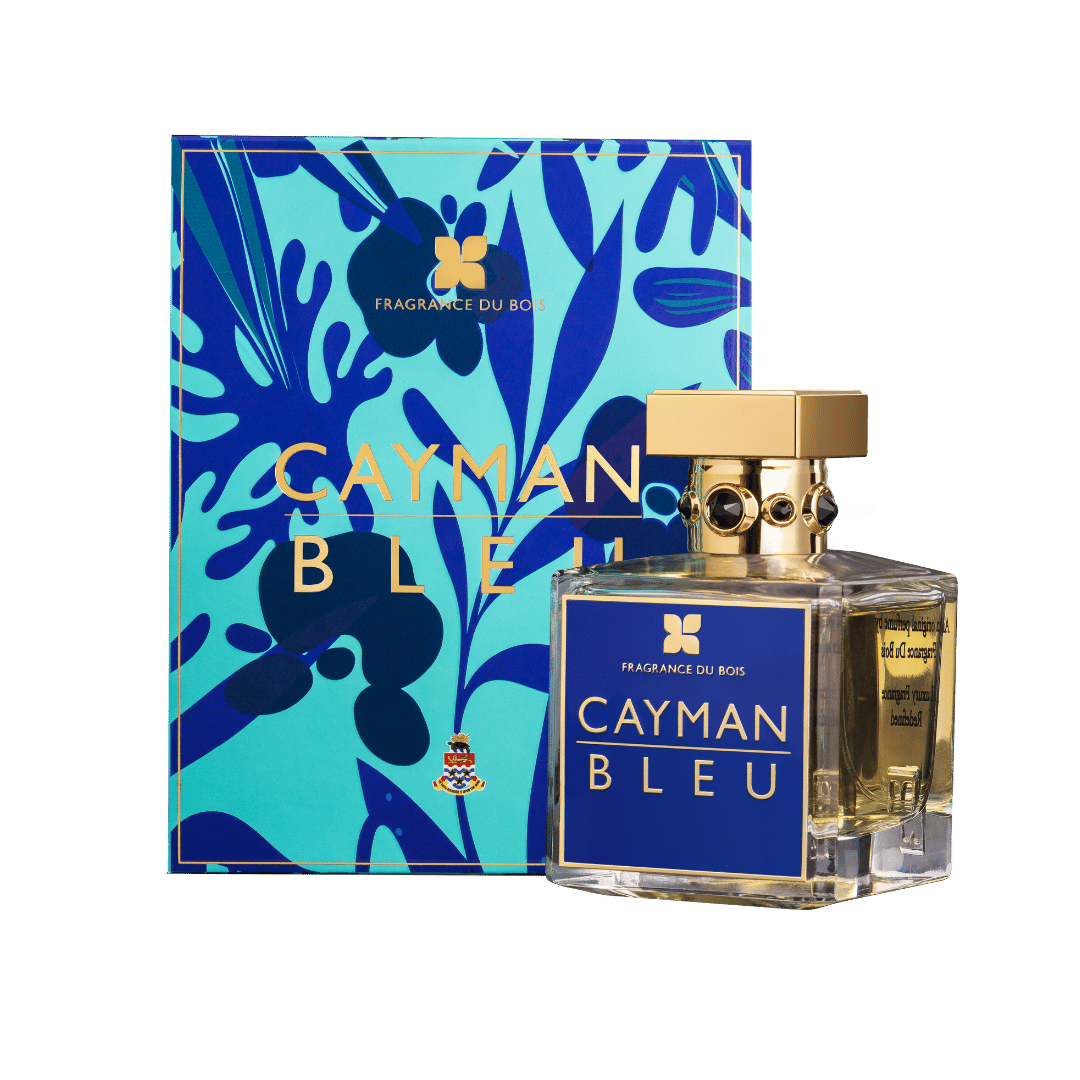 Cayman Bleu perfume bottle and packaging with blue and gold design.
