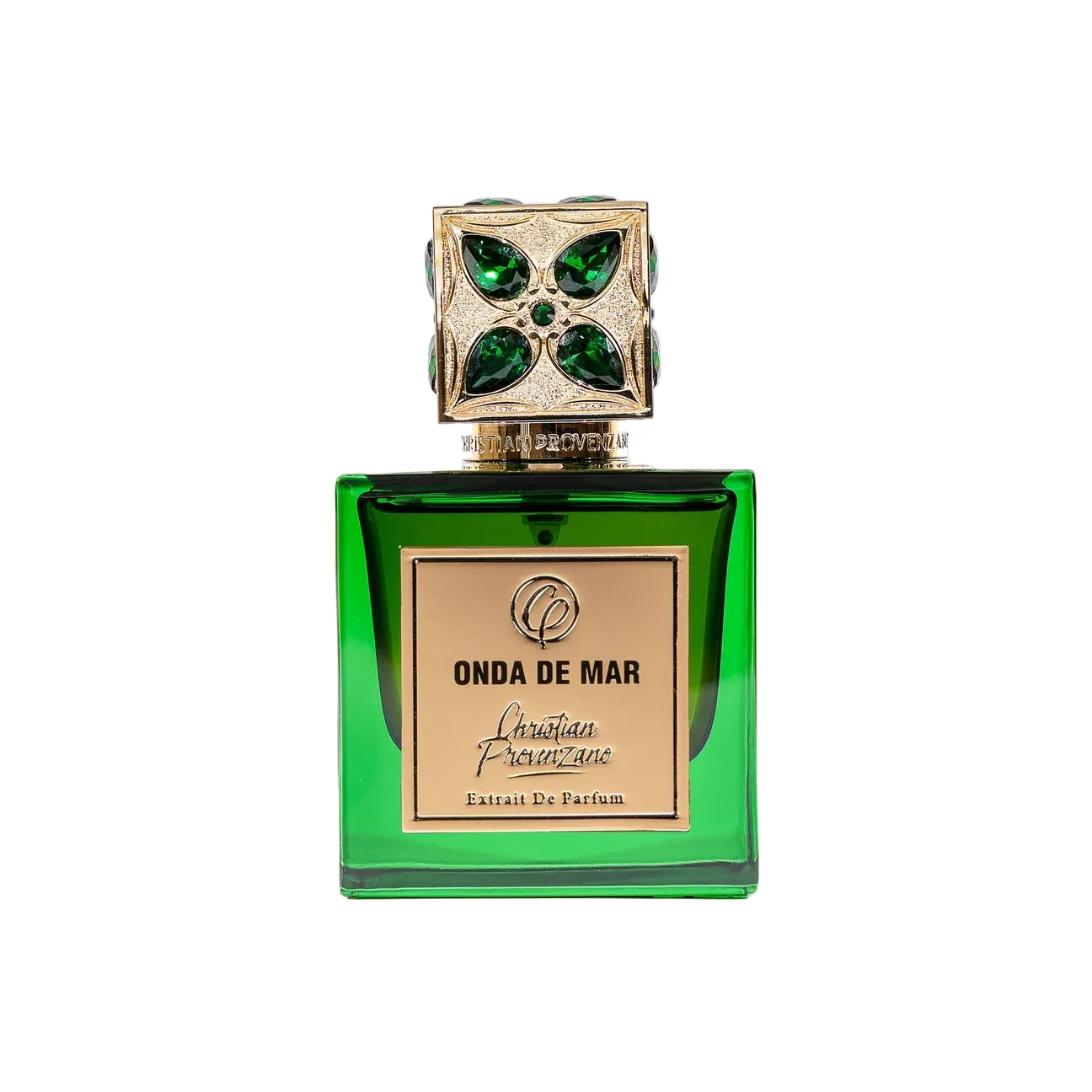 A green bottle of Christian Provenzano Onda de Mar perfume with a decorative cap featuring a green gemstone.