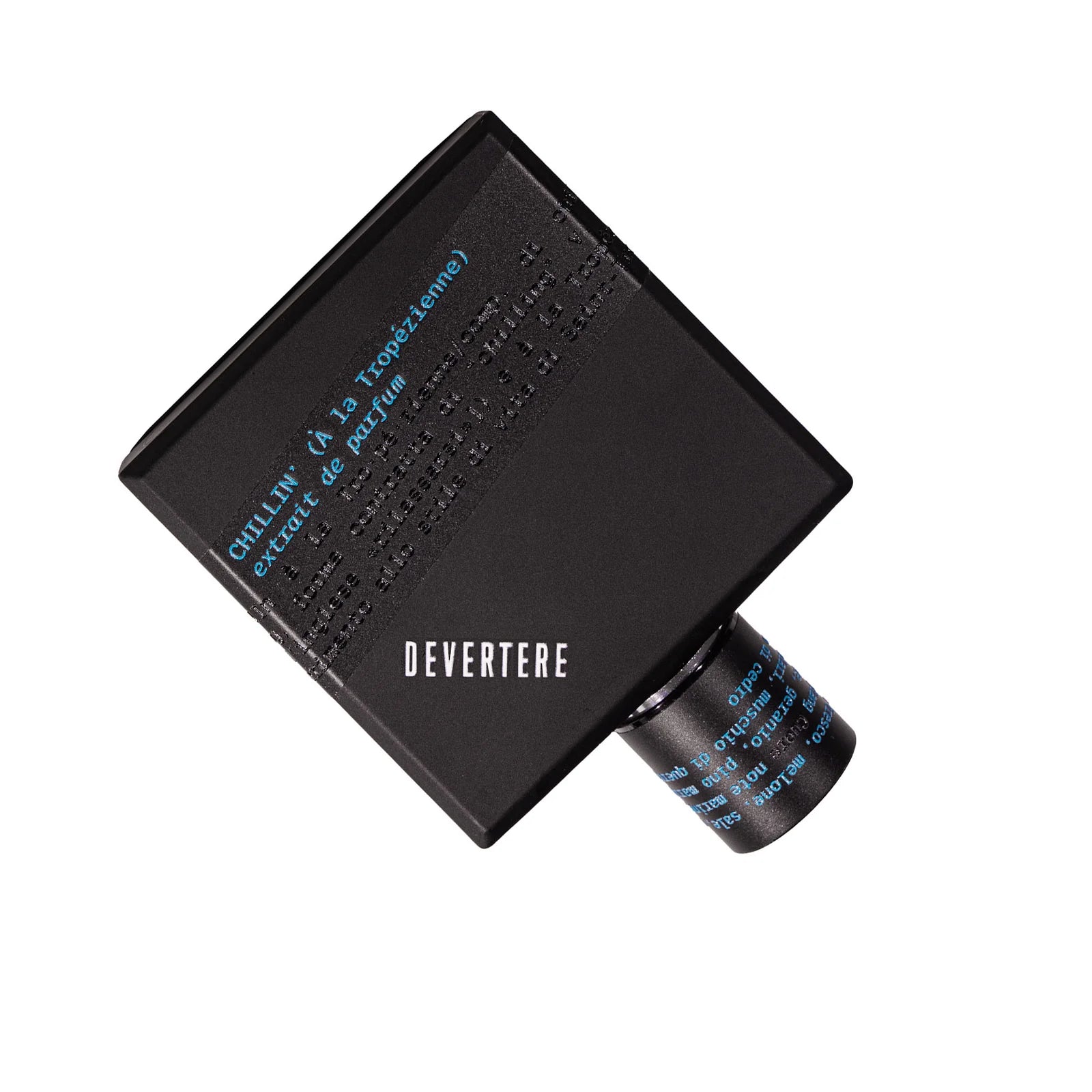 Black perfume bottle with 'Devertere' branding on a white background