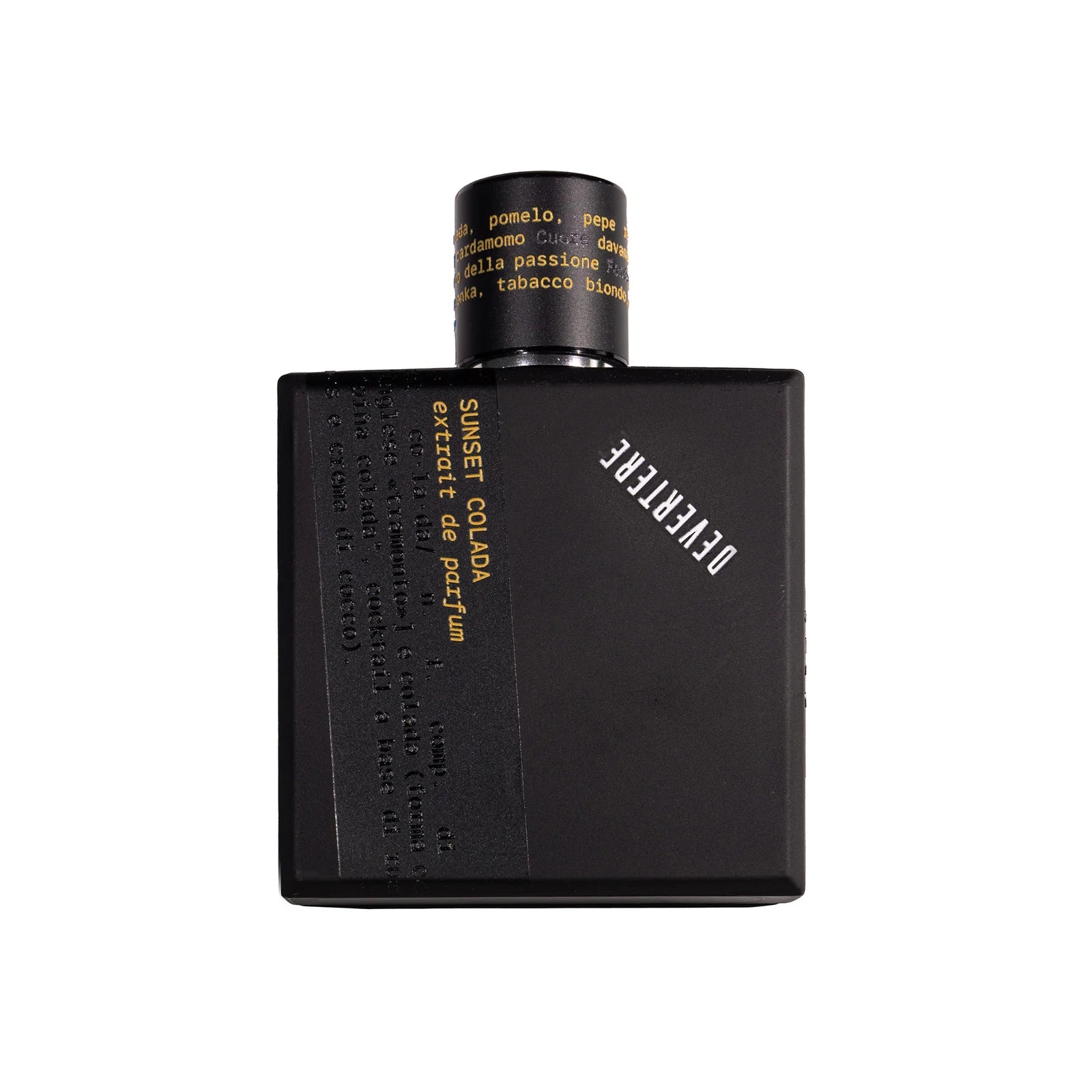 Black perfume bottle with gold text on a white background
