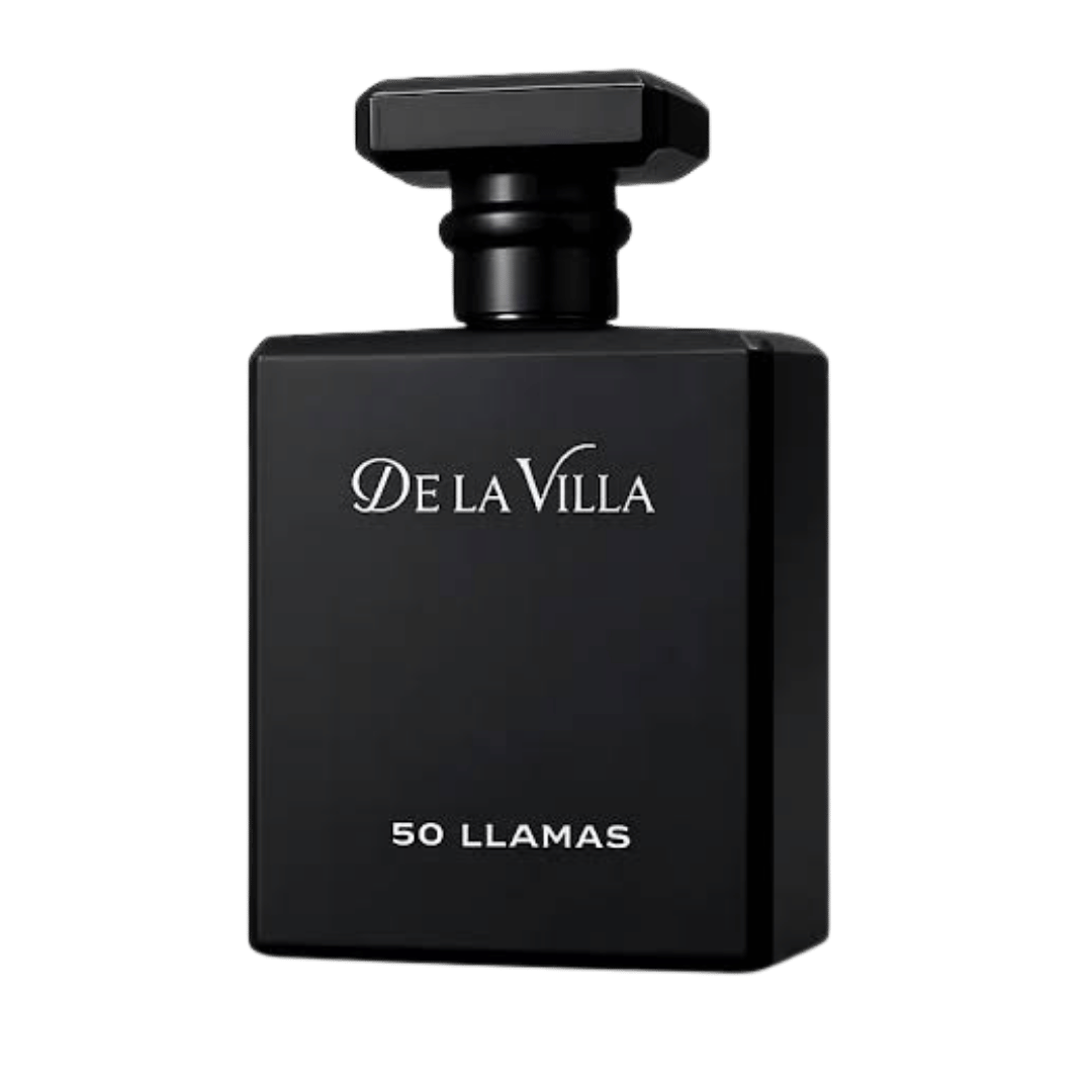 A matte black rectangular perfume bottle with a matching black cap, featuring the white text 'De La Villa' and '50 LLAMAS' on the front, set against a solid dark green background.