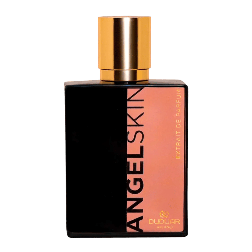 Angel skin Extrait de Parfum by duduar, featuring a rectangular black glass bottle with a metallic gold cap and a vertical gradient label transitioning from black to orange-pink with gold lettering.