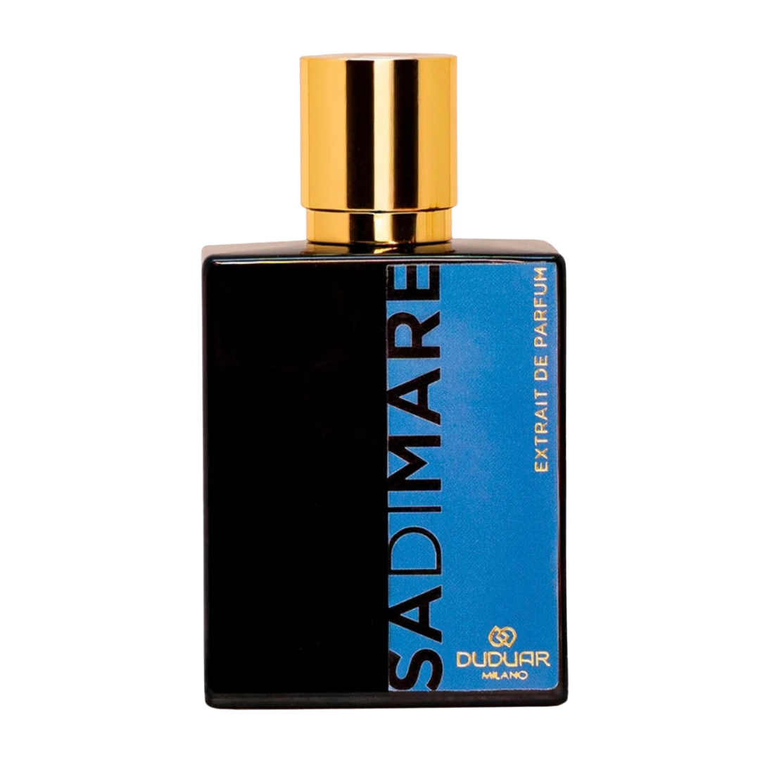 A bottle of Dudur Milano Sa di mare Extrait de Parfum, featuring a glossy black rectangular bottle with a metallic gold cap and a blue label on the front.