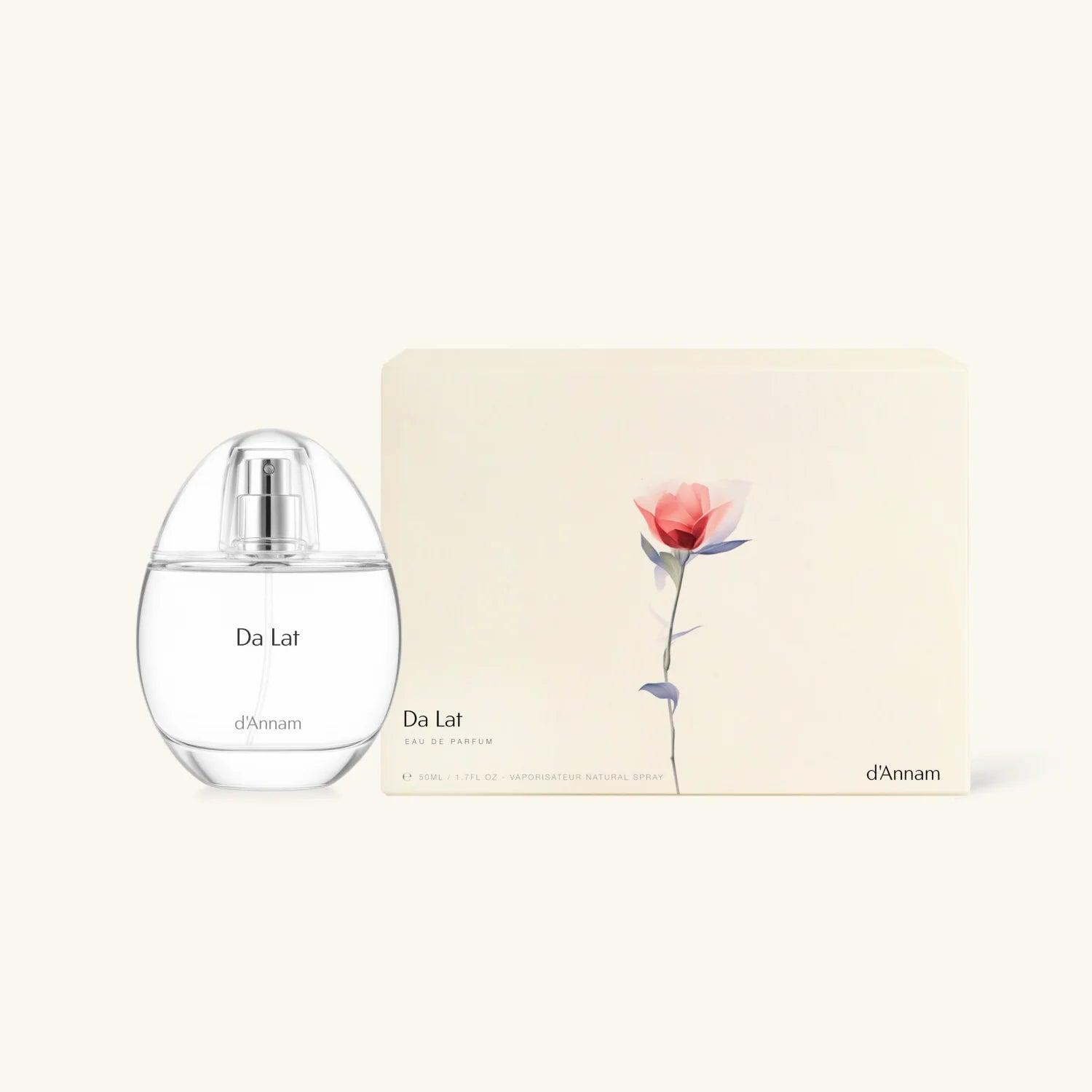 Da Lat perfume bottle and packaging with a rose illustration on a white background