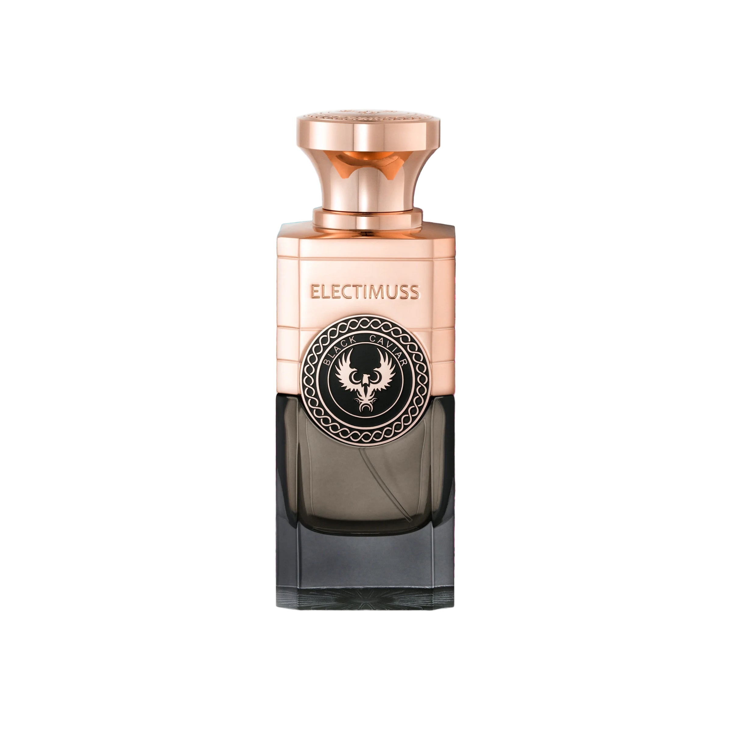 Perfume bottle with rose gold cap and black base on a white background. ELECTIMUSS - BLACK CAVIAR PURE PARFUM / EXTRAIT 3.4 OZ UNISEX