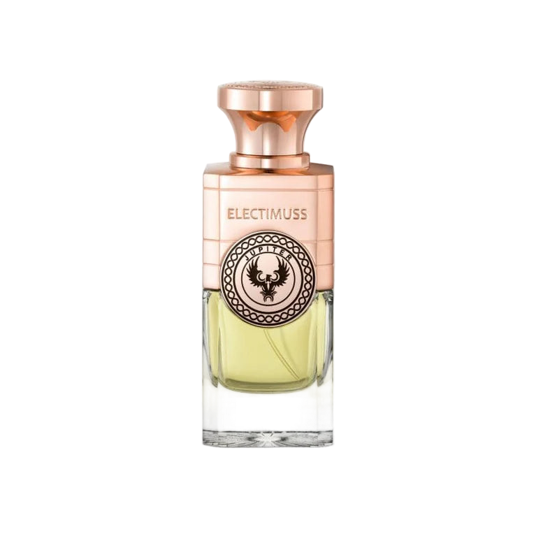 Perfume bottle with rose gold cap and clear glass body on a white background. ELECTIMUSS - JUPITER PURE PARFUM / EXTRAIT 3.4 OZ UNISEX