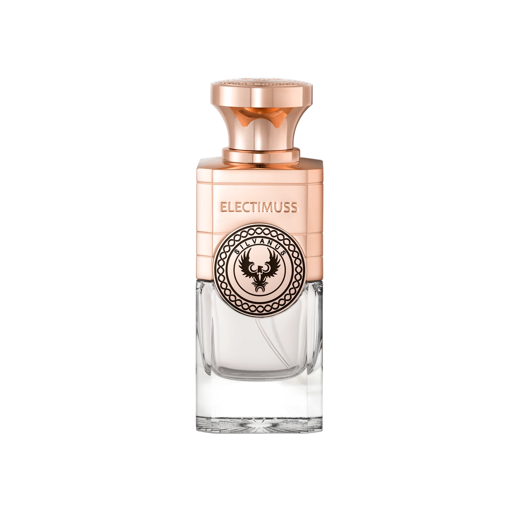 Perfume bottle with rose gold cap and clear glass body on a white background ELECTIMUSS - SILVANUS PURE PARFUM / EXTRAIT 3.4 OZ UNISEX