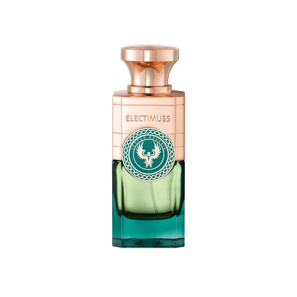 Perfume bottle with rose gold cap and green glass body on a white background