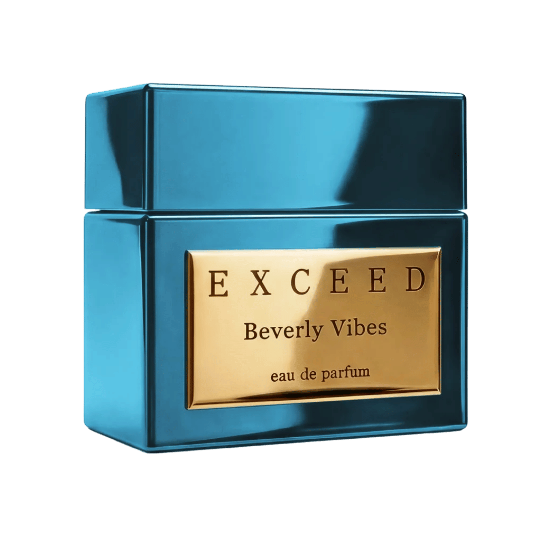 Blue and gold Exceed Beverly Vibes eau de parfum packaging on a transparent background