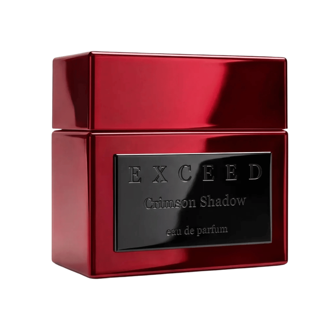 Red and black Exceed Crimson Shadow eau de parfum packaging on a transparent background