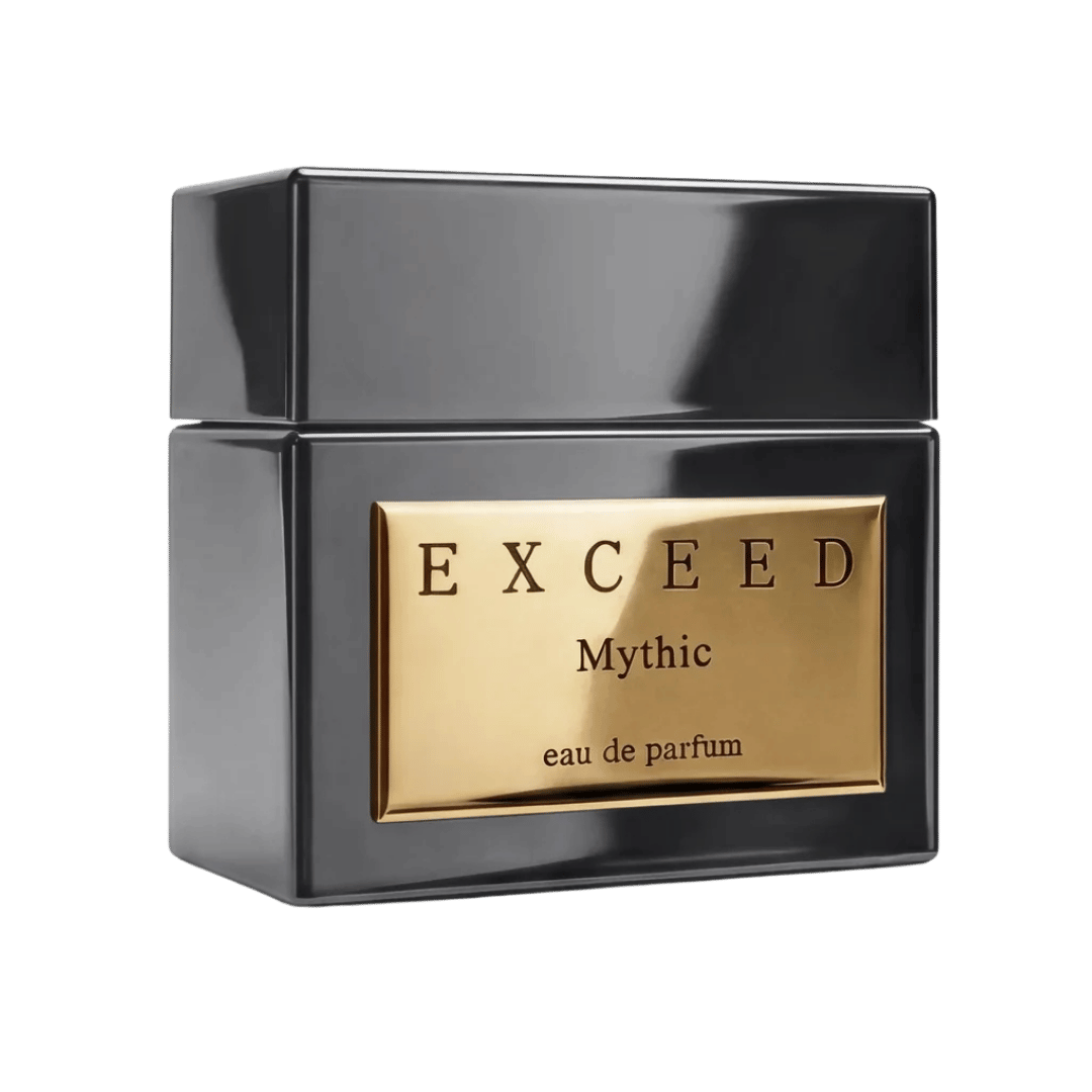 Black and gold Exceed Mythic eau de parfum container on a transparent background