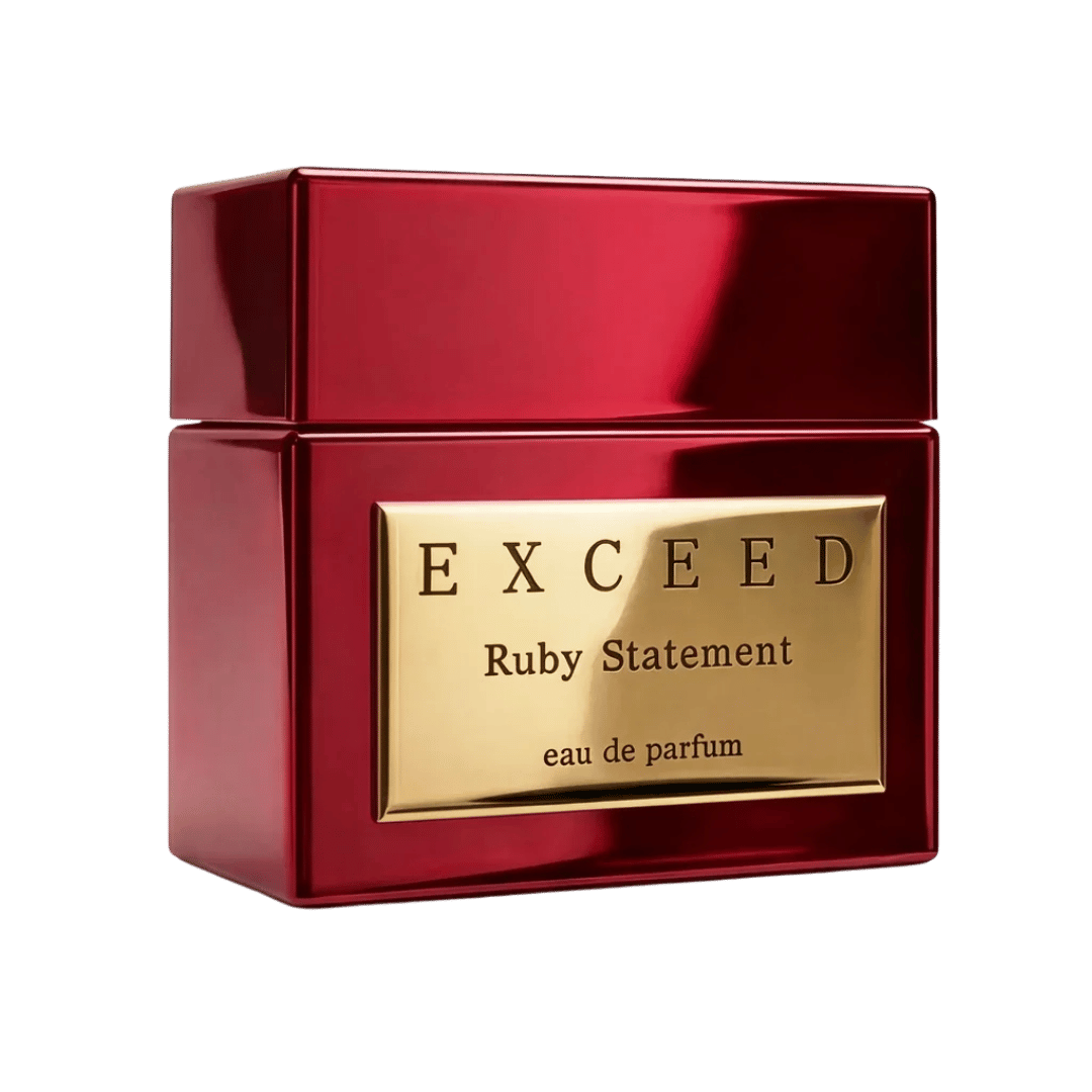 Red and gold Exceed Ruby Statement eau de parfum packaging on a transparent background