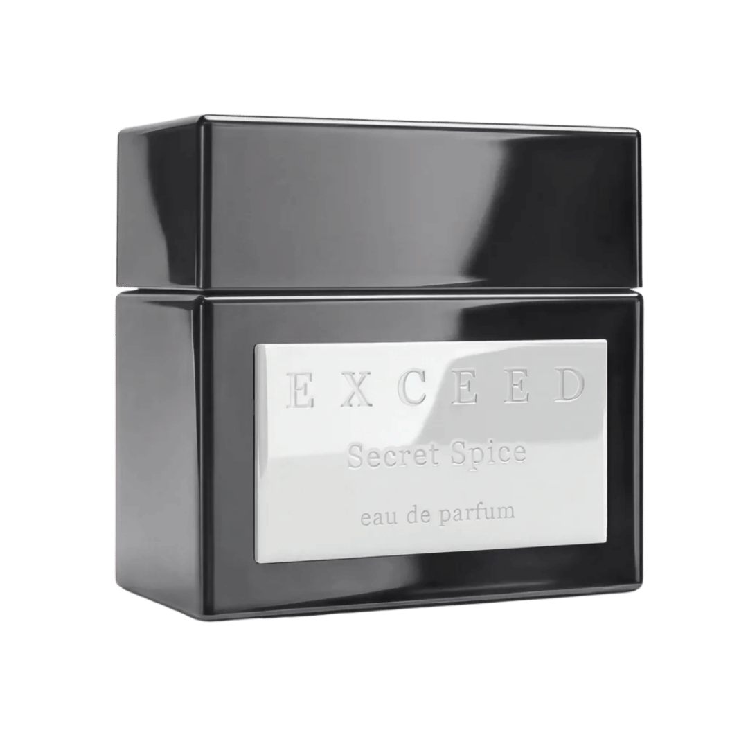 Black and silver Exceed Secret Spice eau de parfum packaging on a white background